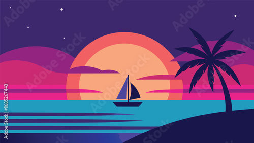 Stylized Sunset Over Ocean With Sailboat And Palm Tree water