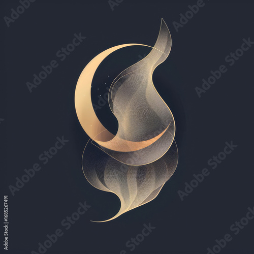 An elegant abstract design of a golden crescent moon with flowing, translucent ribbons on a dark background.