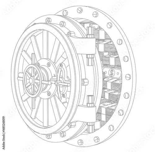 Open bank vault door with stacks of money inside, representing security, wealth, and financial success concept illustration