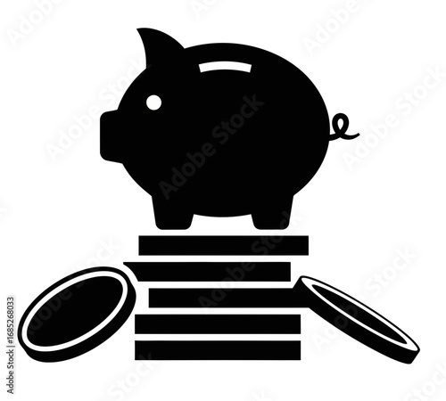 Black silhouette icon of a piggy bank sitting on a stack of coins with coins scattered around, symbolizing savings and financial growth concept.