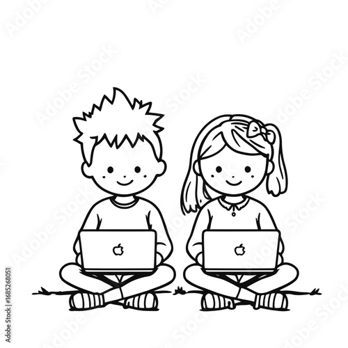Kids learning together with a laptop, a boy and a girl reading a book, a cartoon vector illustration of children studying at school