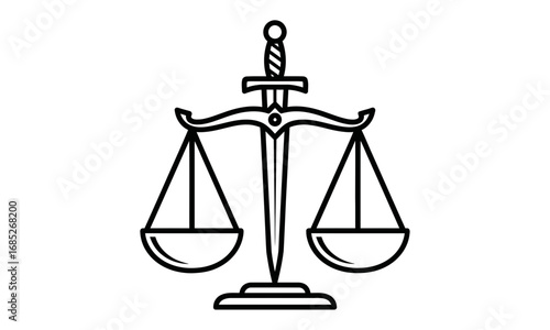 Black and white outline illustration of the scales of justice with a sword symbolising law and order, balance, and fairness in legal matters.