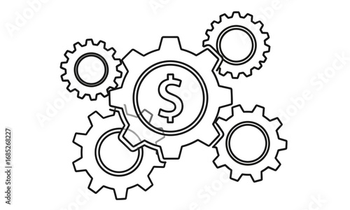 Conceptual illustration of interlocking gears with a dollar sign at the center, representing financial mechanics, economic system, and money management in business.