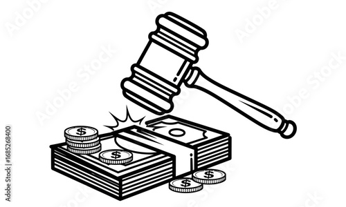 Gavel hitting stack of money and coins, representing financial judgment, debt, or a legal financial settlement, legal concept.