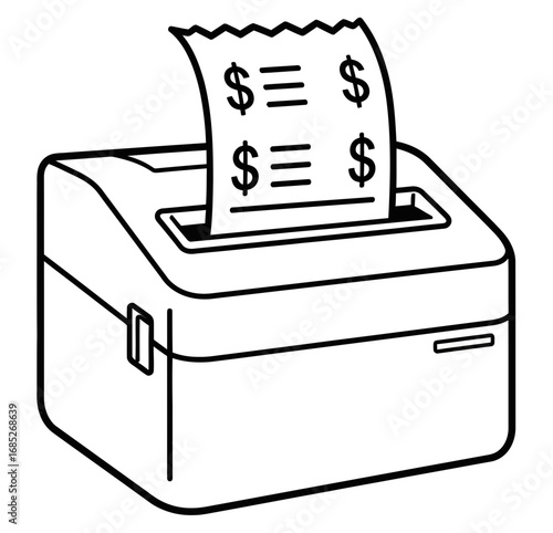 Simple outline illustration of a cash register machine printing a receipt with dollar signs, symbolizing commerce and financial transactions in business