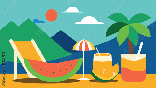 Summer Beach Scene With Palm Tree Lounge Chair And Refreshing Drinks vacation tropical