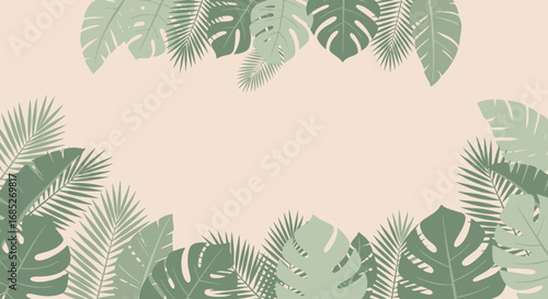 Tropical Foliage Frame A Modern Beige Backdrop with Green Leaf Accents