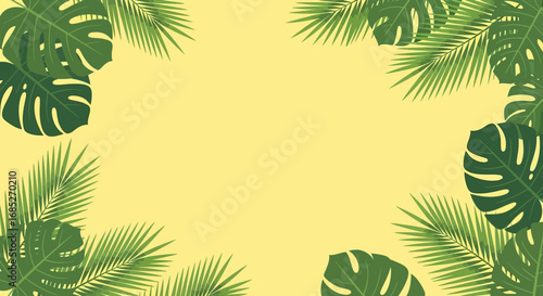 Tropical green leaves frame on yellow background for summer or spring season