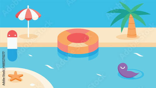 Summer Pool Scene with Beach Umbrella Lifesaver and Floating Toy vector illustration
