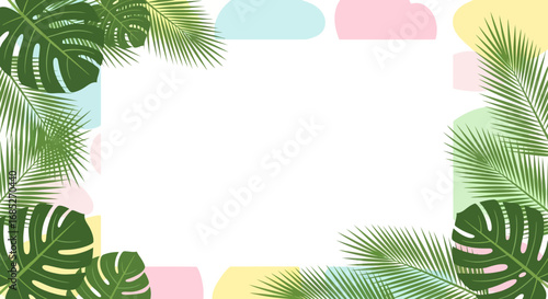 Tropical Summer Frame Vibrant Green Leaves and Pastel Shapes