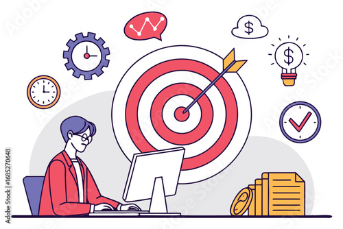 Businessman working at computer with giant target and financial success icons