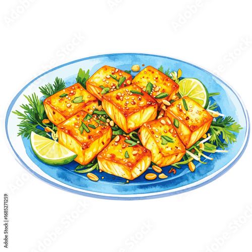 Watercolor Illustration of Cha Ca La Vong – Traditional Vietnamese Turmeric Fish with Dill