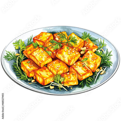 Watercolor Illustration of Cha Ca La Vong – Traditional Vietnamese Turmeric Fish with Dill