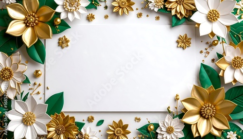 White paper framed by gold & white flowers, green leaves