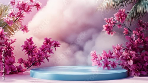 Dreamy floral display with floating platform amidst soft pink hues for product presentation