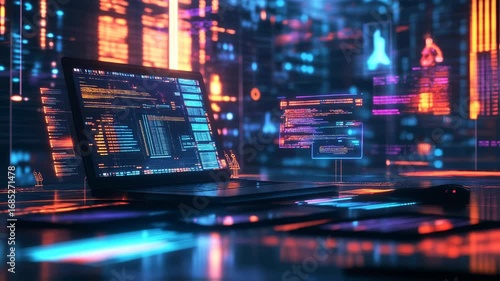 Cyberpunk Cityscape with Digital Overlays and Laptop Coding Futuristic Concept