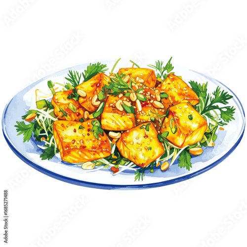 Watercolor Illustration of Cha Ca La Vong – Traditional Vietnamese Turmeric Fish with Dill
