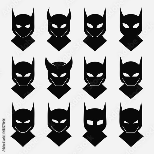 Collection of stylized black superhero masks with varied expressions and subtle horn details
