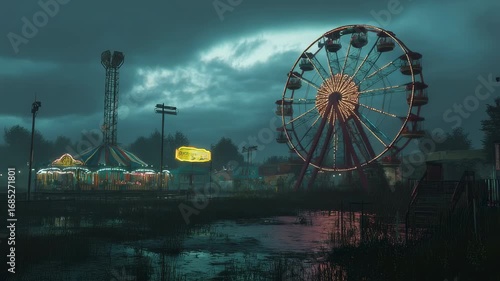 Eerie Carnival Atmosphere with Glowing Ferris Wheel and Moody Sky Videoscape