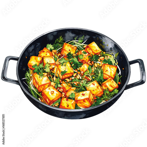 Watercolor Illustration of Cha Ca La Vong – Traditional Vietnamese Turmeric Fish with Dill