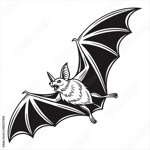 Detailed Black and White Bat Illustration in Flight with Open Wings