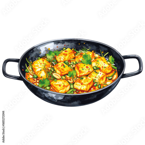 Watercolor Illustration of Cha Ca La Vong – Traditional Vietnamese Turmeric Fish with Dill