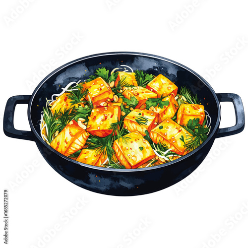 Watercolor Illustration of Cha Ca La Vong – Traditional Vietnamese Turmeric Fish with Dill