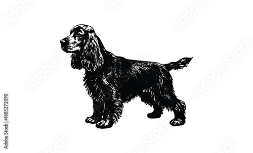 Detailed black and white cocker spaniel dog illustration. Vector retro hand drawn illustration