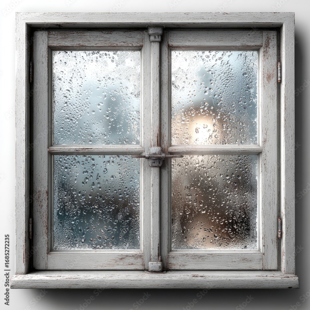 Obraz premium Aged window pane with rain, showing a blurred night scene
