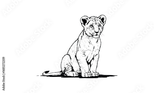 Adorable sitting lion cub sketch in black and white. Vector retro hand drawn illustration