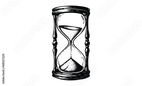 Vintage hourglass with flowing sand in detailed black and white sketch. Vector retro hand drawn illustration