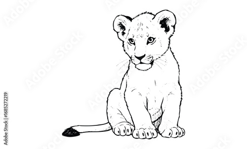 Adorable lion cub sketch with playful expression and detailed lines. Vector retro hand drawn illustration