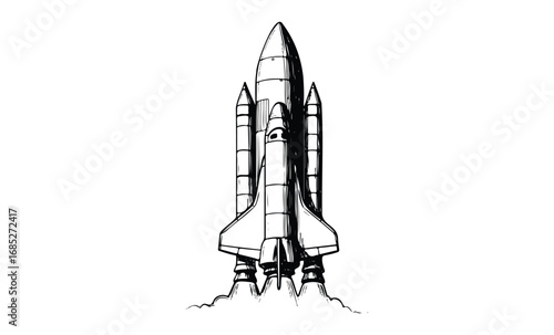 Black and white space shuttle launch with detailed rocket illustration. Vector retro hand drawn illustration