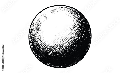 Monochrome hand-drawn sphere with crosshatching shading. Vector retro hand drawn illustration