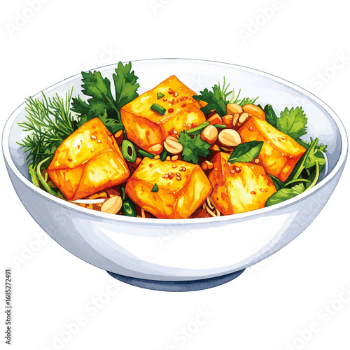 Watercolor Illustration of Cha Ca La Vong – Traditional Vietnamese Turmeric Fish with Dill