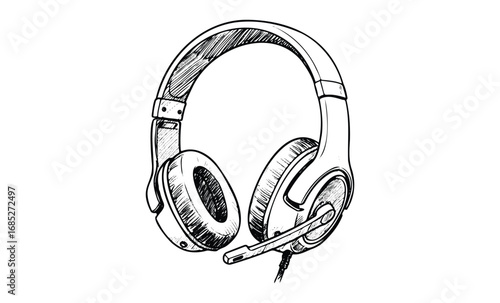 Black and white sketch of over-ear headphones with microphone. Vector retro hand drawn illustration