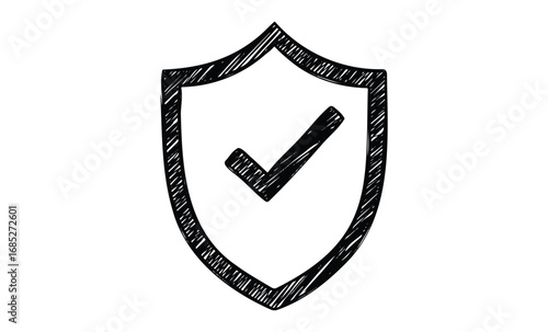 Shield with check mark symbolizing security and protection. Vector retro hand drawn illustration