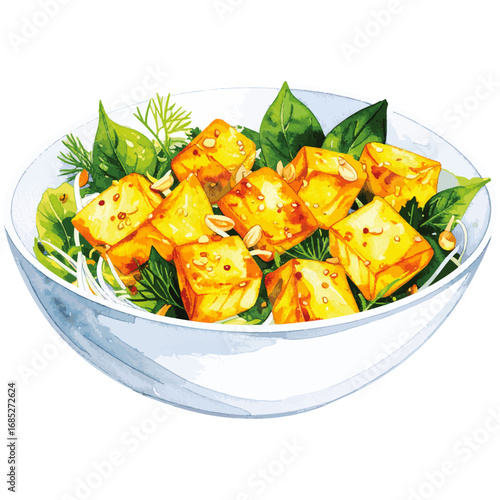 Watercolor Illustration of Cha Ca La Vong – Traditional Vietnamese Turmeric Fish with Dill