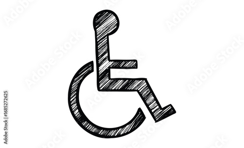 Black and white wheelchair symbol representing accessibility and mobility. Vector retro hand drawn illustration