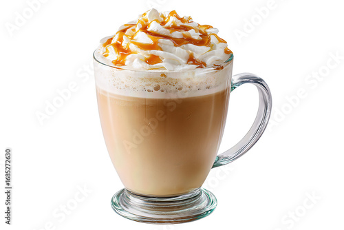 Sweet latte beverage in handled glass, decorated with whipped cream and caramel drizzle, isolated on transparent background.
