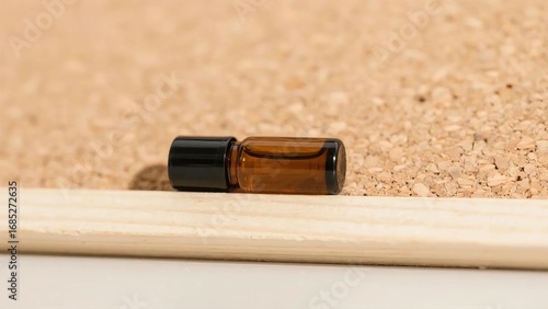Amber Glass Vial of Essential Oil on Beige Corkboard