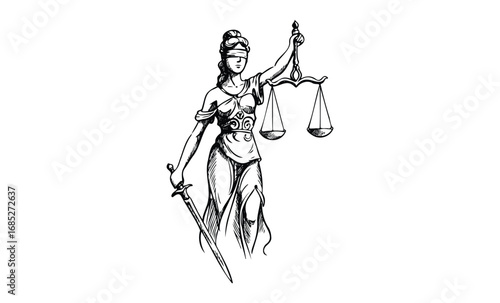 Blindfolded lady justice holding scales and sword in classic pose. Vector retro hand drawn illustration