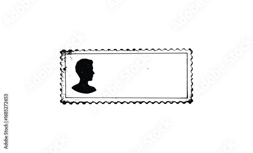 Blank postage stamp with male silhouette and vintage border design. Vector retro hand drawn illustration