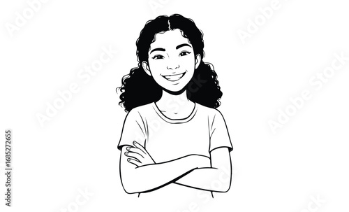 Smiling young female with curly hair and arms crossed in black and white illustration. Vector retro hand drawn illustration