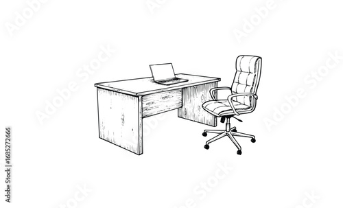 Office desk and chair with laptop sketch in minimalist black and white. Vector retro hand drawn illustration