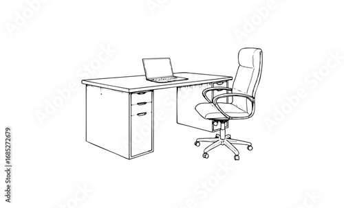 Office workspace with desk, laptop, and chair sketch illustration. Vector retro hand drawn illustration