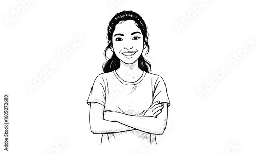 Smiling asian teen girl with arms crossed: confident line art drawing. Vector retro hand drawn illustration