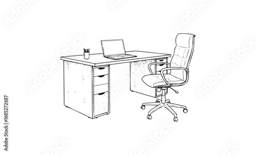 Minimalist office setup with desk, laptop, and comfortable chair illustration. Vector retro hand drawn illustration