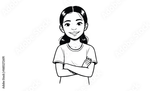 Smiling asian female child illustration with folded arms in black and white. Vector retro hand drawn illustration