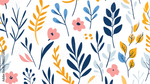 Delicate watercolor floral pattern with soft pink flowers and blue and yellow foliage on white background